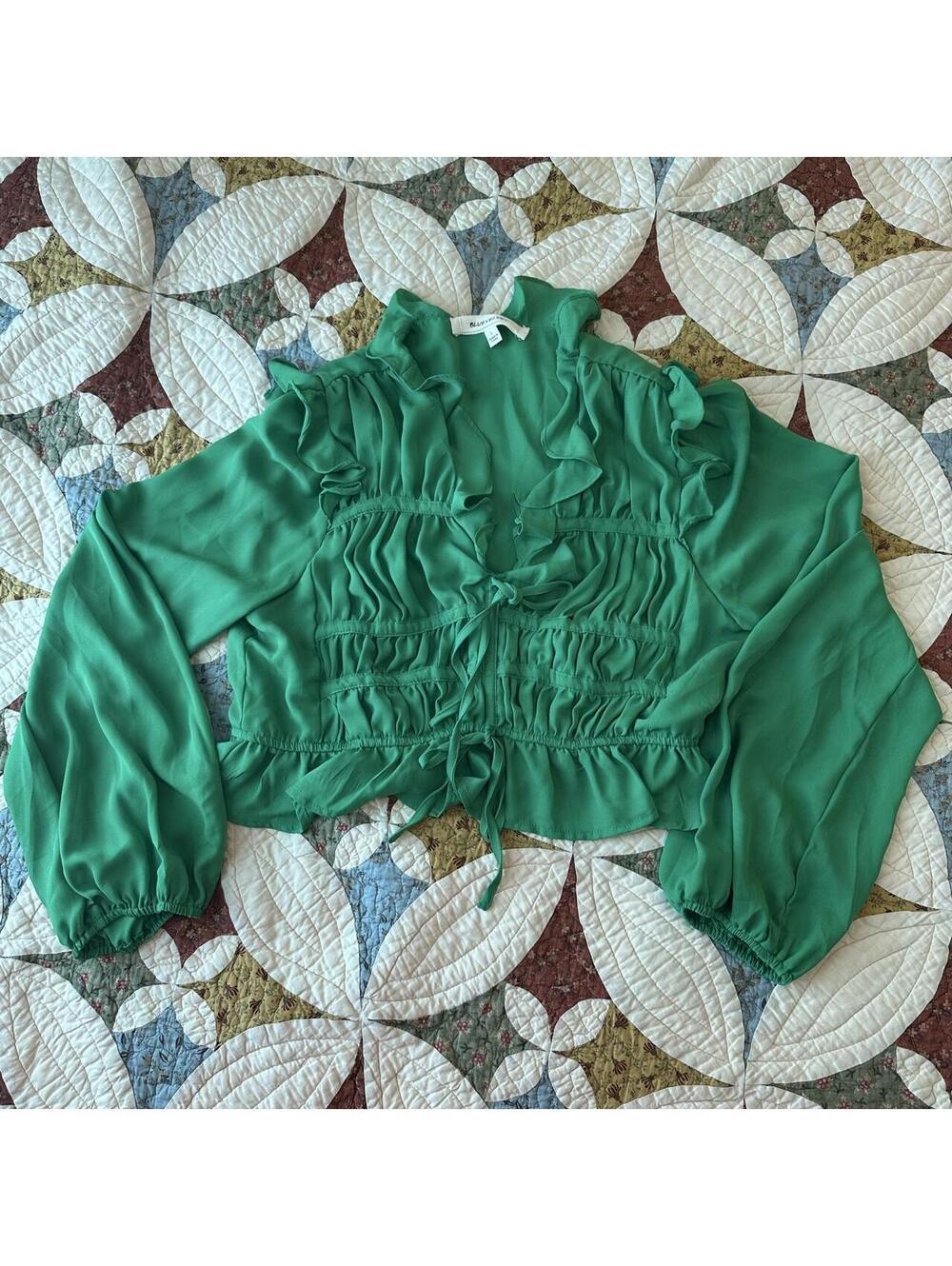 Blue Velvet green ruffle blouse w tie front detail feminine romantic medieval